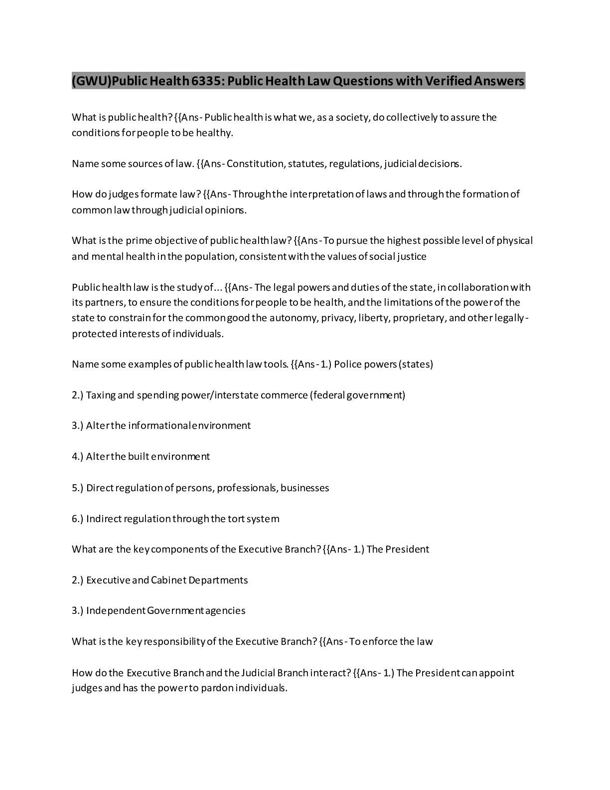 Preview image for (GWU)Public Health 6335: Public Health Law Questions with Verified Answers